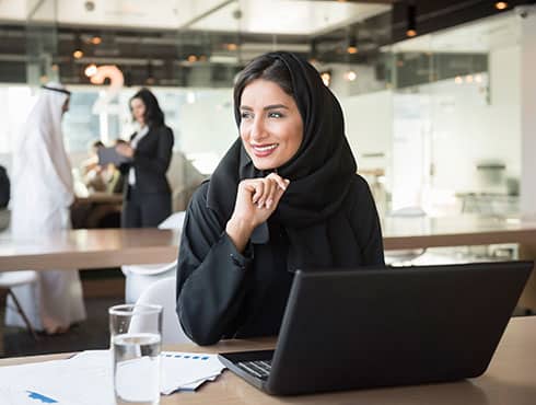 Young Emirati Businesswoman Looking Away At Conference Table