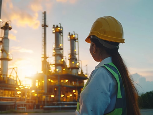 woman in yellow hardhat watching over oil and gas fields